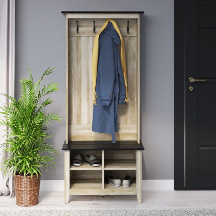 Jaydon 30” Wide Hall Tree with Farmhouse Bench and Shoe Storage