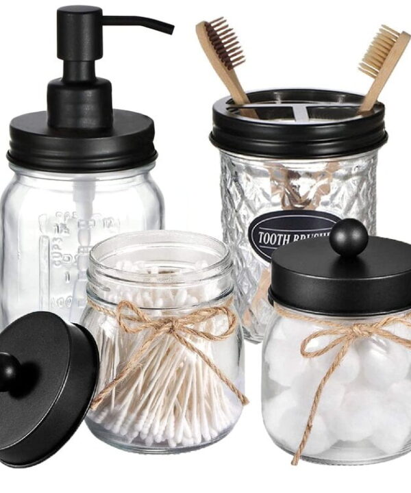 Mason Jars Soap Dispenser Toothbrush Cotton Swab Holder Bathroom Accessory Set