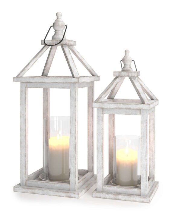 2 Piece Wood Fireplace Lantern Set