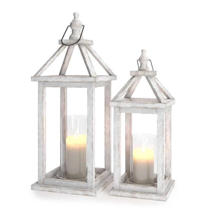 2 Piece Wood Fireplace Lantern Set