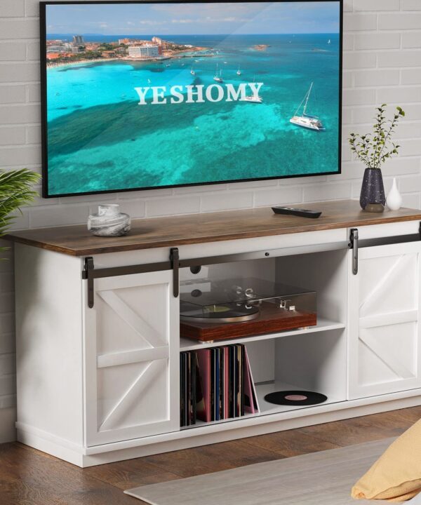YESHOMY Farmhouse TV Stand for Televisions up to 65+ Inch with Sliding Barn Doors and Storage Cabinets, Entertainment Center