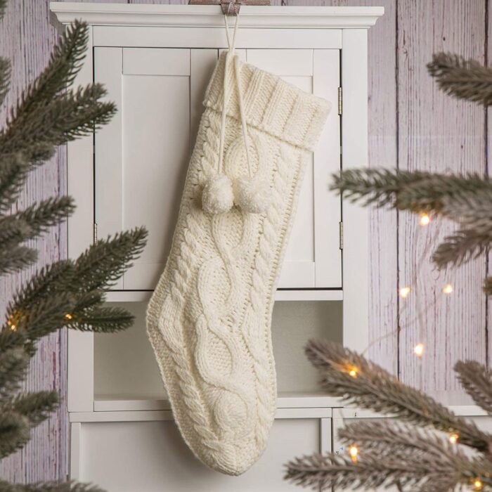 glitzhome 24″ L White Knitted Polyester Christmas Stocking with Pom Pom Ball Oversize Christmas Stocking for Christmas Party