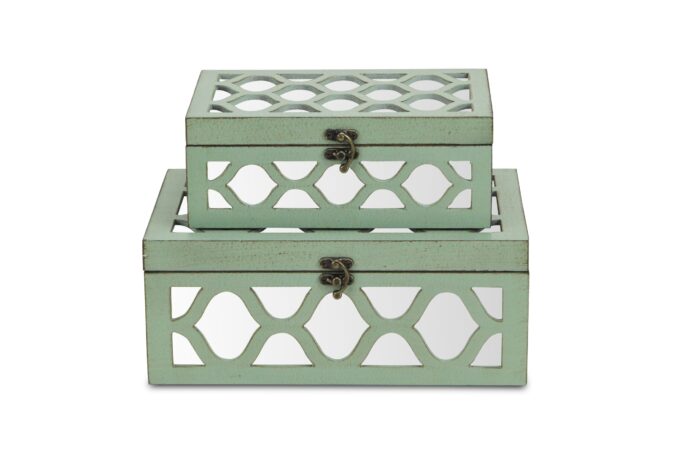 2 Piece Decorative Box with Front and Top Mirror with Wood Morrocan Overlay Set
