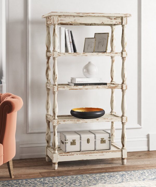 Nonna White Wood Distressed Open 5 Shelf Shelving Unit with Spindle Sides and Mesh