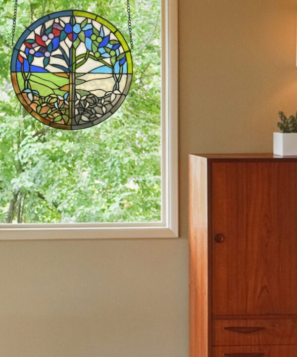 Tree of Seasons Multicolored Stained Glass Window Panel Tree of Seasons Multicolored Stained Glass Window Panel