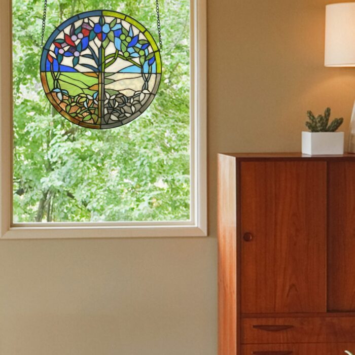 Tree of Seasons Multicolored Stained Glass Window Panel