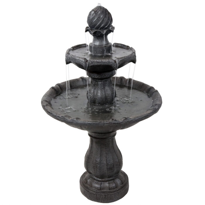 Sunnydaze 2-Tier Solar Outdoor Water Fountain with Battery Backup, Black Finish, 35 Inch Tall, No