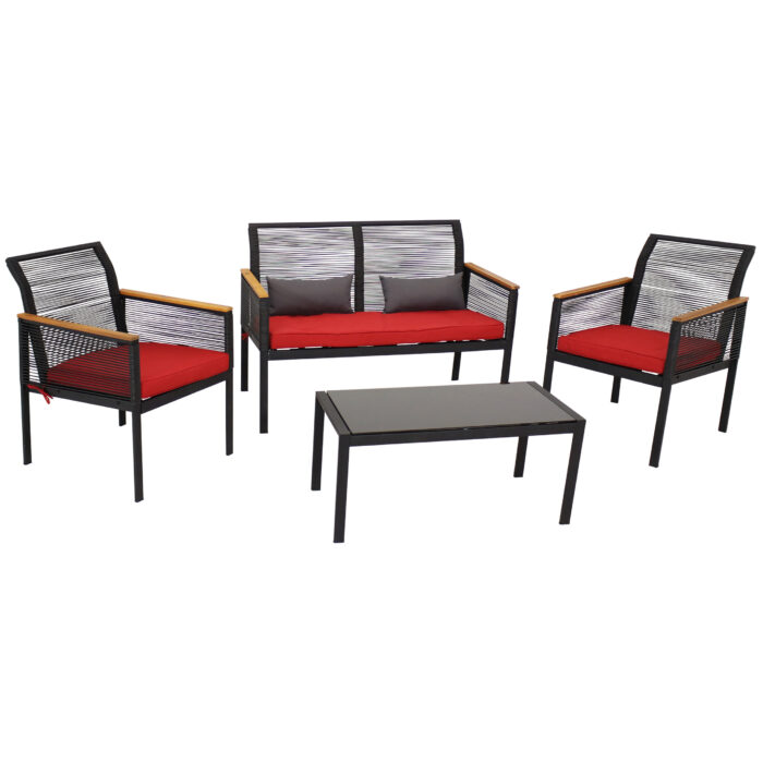 Sunnydaze Coachford 4-Piece Black Resin Rattan Outdoor Patio Furniture Set - Red Cushions