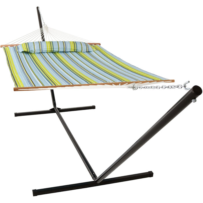 Sunnydaze 2 Person Freestanding Quilted Fabric Spreader Bar Hammock, Choose 12 or 15 Foot Stand, Blue and Green, 15-Foot Stand