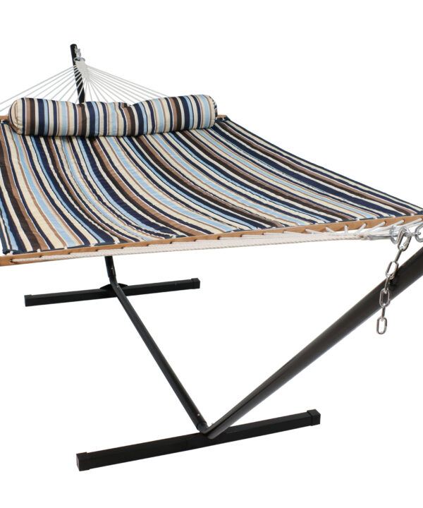Sunnydaze 2 Person Freestanding Quilted Fabric Spreader Bar Hammock, Choose from 12 or 15 Foot Stand, Ocean Isle, 12-Foot Stand