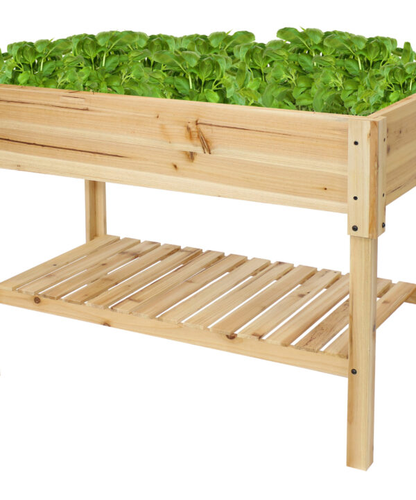 Sunnydaze Raised Wood Garden Bed Planter Box with Shelf - 42-Inch - Clear Coat