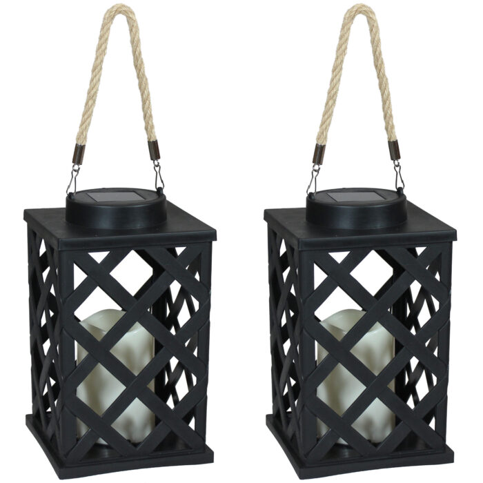 Sunnydaze Modern Crosshatch Outdoor Solar LED Candle Lantern - Set of 2 - 9-Inch
