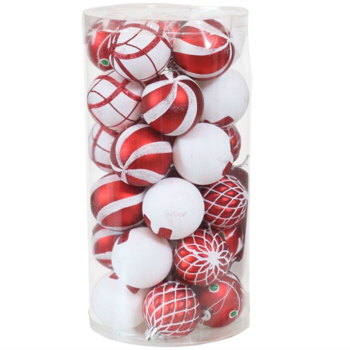 Sunnydaze Holiday Glitter Plastic 30-Piece Ornament Set – Red and White
