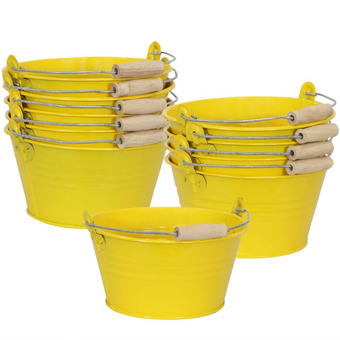 Sunnydaze Galvanized Steel Bucket Planter with Handle - Yellow - Set of 10
