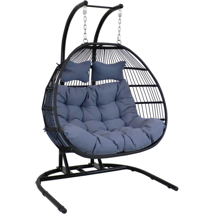 Sunnydaze Liza Loveseat Egg Chair with Gray Cushions and Stand - 76-Inch