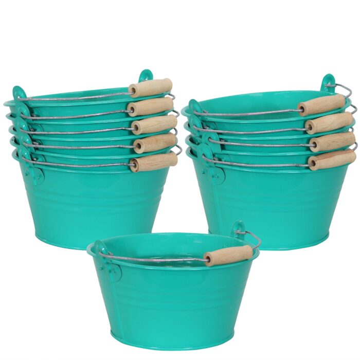 Sunnydaze Galvanized Steel Bucket Planter with Handle - Teal - Set of 10