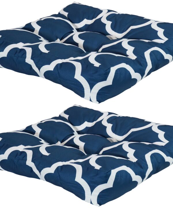 Sunnydaze Set of 2 Tufted Indoor/Outdoor Seat Cushions - Navy Blue and White Quatrefoil