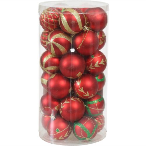 Sunnydaze Holiday Glitter Plastic 30-Piece Ornament Set – Red and Gold