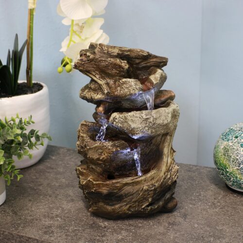 Sunnydaze Tiered Rock & Log Tabletop Water Fountain with LED Lights - 10.5-Inch