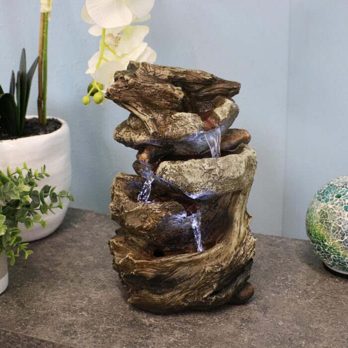 Sunnydaze Tiered Rock & Log Tabletop Water Fountain with LED Lights - 10.5-Inch