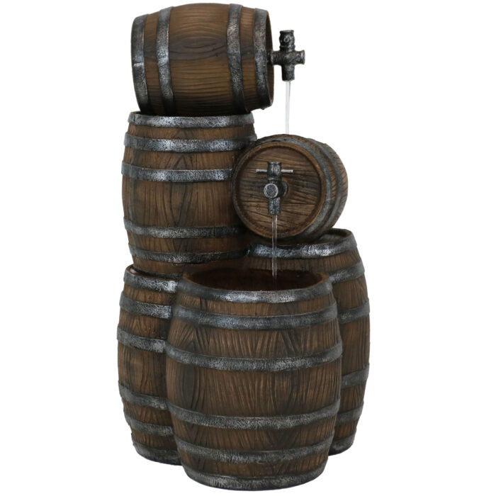 Sunnydaze Stacked Rustic Barrel Water Fountain with LED Lights - 29-Inch