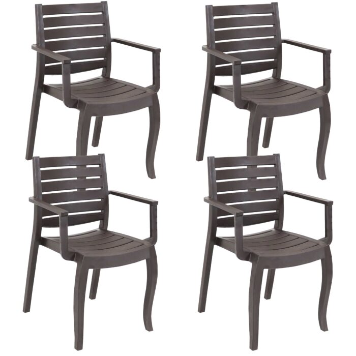Sunnydaze Illias Plastic Outdoor Patio Arm Chair - Set of 4 - Brown