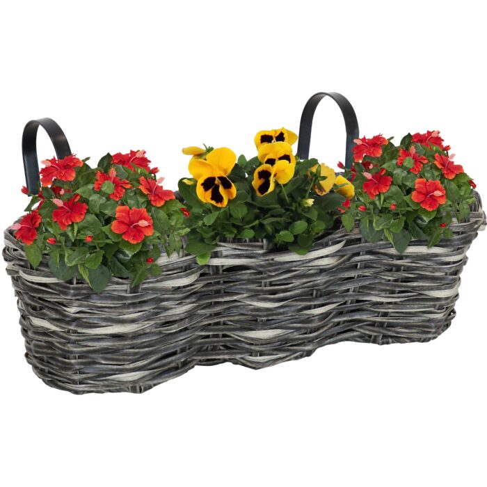 Sunnydaze Round Polyrattan Over-the-Rail Tri-Planter - Charcoal