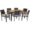 Sunnydaze Carlow 7-Piece Rattan and Acacia Patio Dining Set - Dark Brown/Blue Stripe Sunnydaze Carlow 7-Piece Rattan and Acacia Patio Dining Set - Dark Brown/Blue Stripe