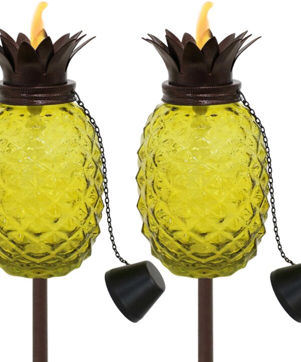 Sunnydaze Tropical Pineapple 3-in-1 Yellow Glass Outdoor Torches - Set of 2