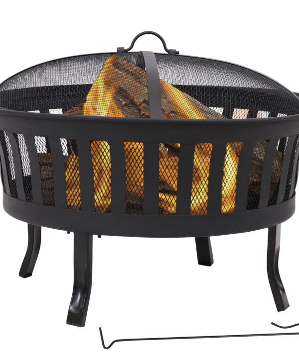 Sunnydaze 25-Inch Steel Mesh Stripe Cutout Fire Pit with Spark Screen and Poker