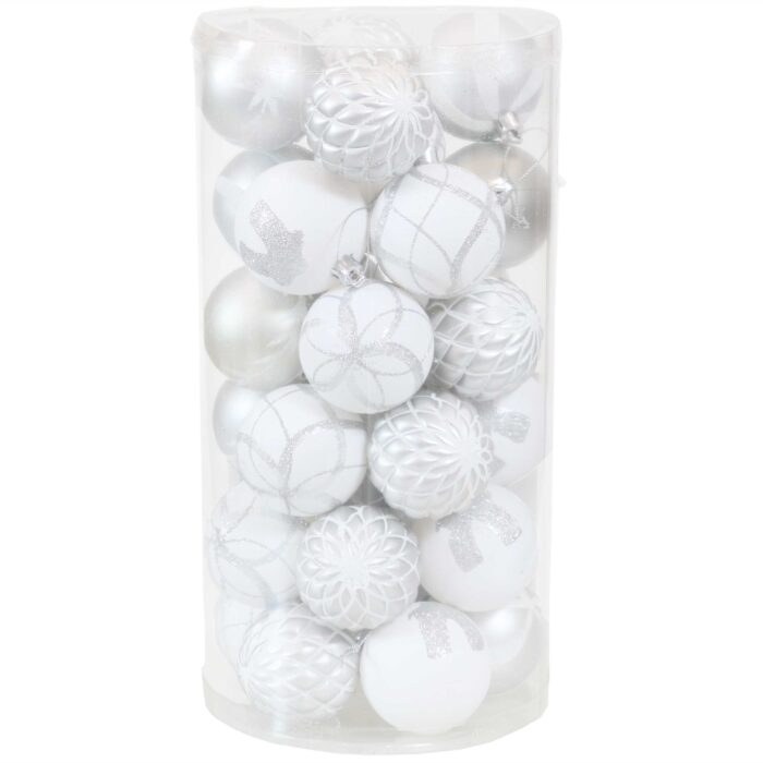 Sunnydaze Holiday Glitter Plastic 30-Piece Ornament Set - White and Silver