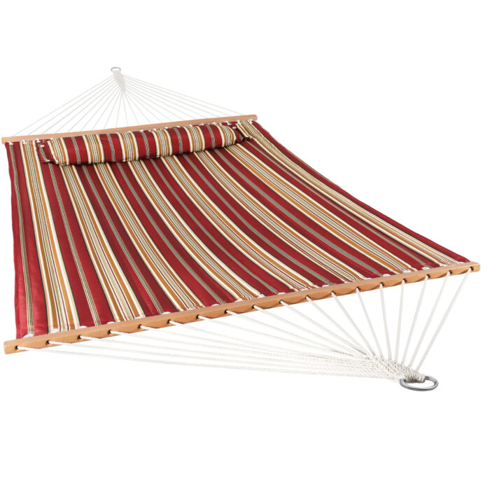 Sunnydaze 2 Person Quilted Fabric Spreader Bar Hammock & Pillow - Red Stripe