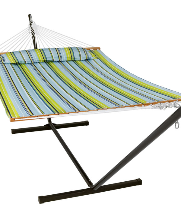 Sunnydaze 2 Person Freestanding Quilted Fabric Spreader Bar Hammock, Choose 12 or 15 Foot Stand, Blue and Green, 12-Foot Stand