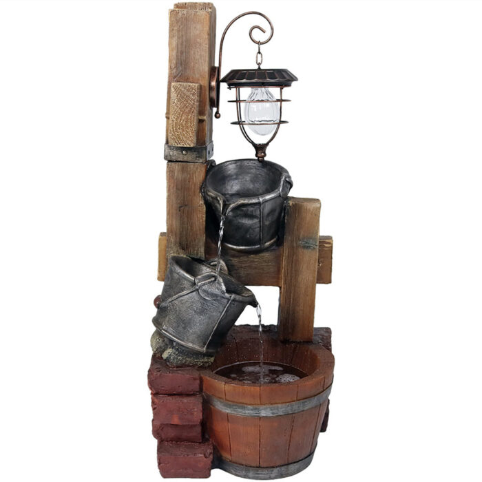 Sunnydaze Rustic Pouring Buckets Water Fountain & Solar Lantern - 34-Inch