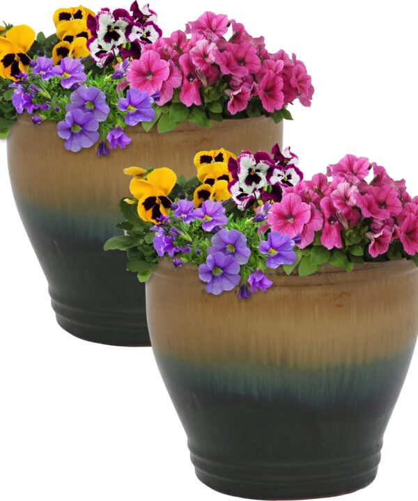 Sunnydaze Studio Ceramic Indoor/Outdoor Planter - Forest Lake Green - 11-Inch - Set of 2