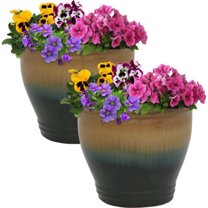 Sunnydaze Studio Ceramic Indoor/Outdoor Planter - Forest Lake Green - 11-Inch - Set of 2