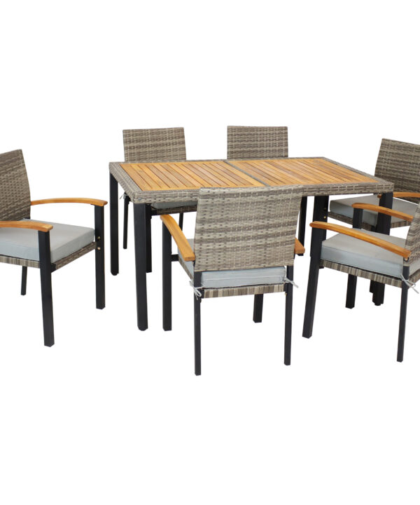 Carlow 7-Piece Rattan and Acacia Patio Dining Set - Mixed Gray/Stone Gray