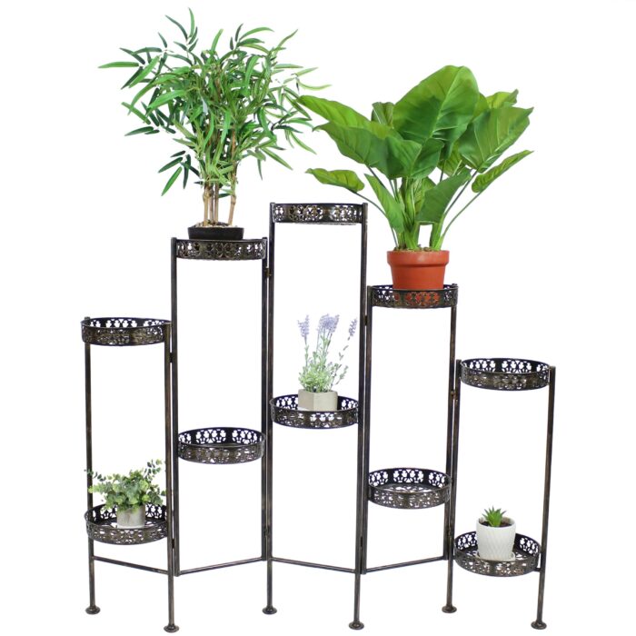 Sunnydaze 10-Tier Bronze Steel Indoor and Outdoor Folding Plant Stand - 46-Inch