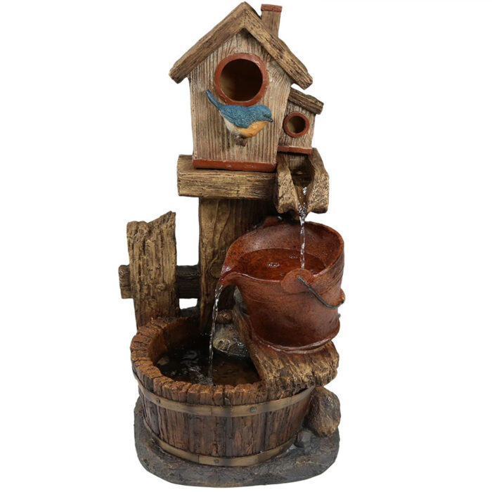 Sunnydaze Bluebird House & Buckets Outdoor Garden Water Fountain - 26-Inch