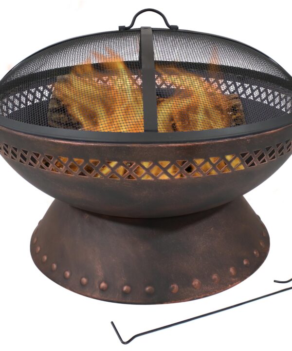 Sunnydaze Chalice Steel Fire Pit with Spark Screen - Copper Finish - 25-Inch