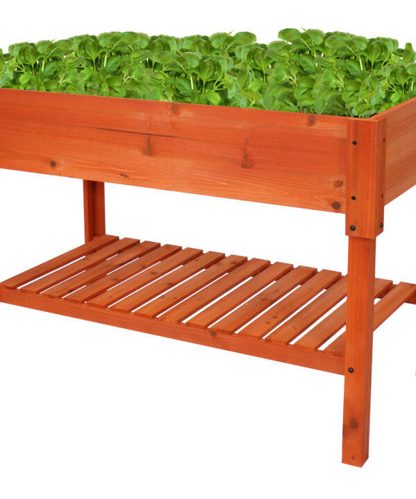 Sunnydaze Raised Wood Garden Bed Planter Box with Shelf - 42-Inch - Stained Finish