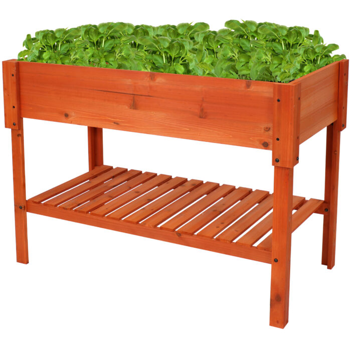Sunnydaze Raised Wood Garden Bed Planter Box with Shelf - 42-Inch - Stained Finish