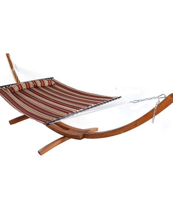 Sunnydaze Quilted Double Fabric 2-Person Hammock with Curved Arc Wood Stand, 400 Pound Capacity, Awning Stripe, 13-foot