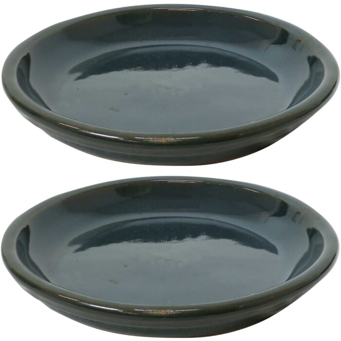 Sunnydaze Ceramic Planter Saucer - Forest Lake Green - 7-Inch - Set of 2