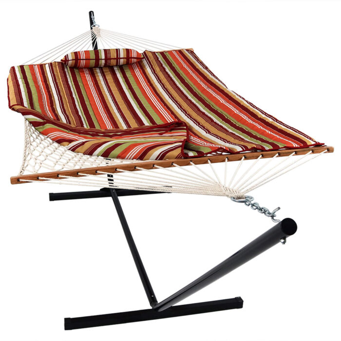 Sunnydaze Cotton Rope Hammock with 12 Foot Steel Stand, Pad and Pillow, 275 Pound Capacity, Tropical Orange