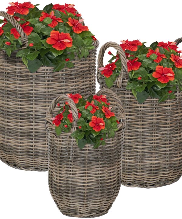 Sunnydaze Round Polyrattan Basket Planter with Handles - Set of 3