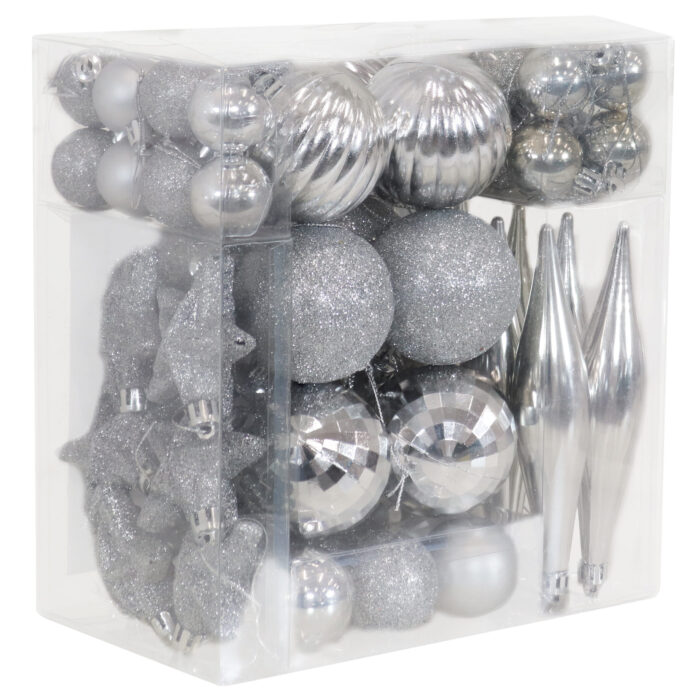 Sunnydaze Deck the Halls 59-Piece Assorted Christmas Ornament Kit – Silver