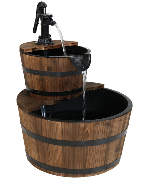 Sunnydaze Wooden Bowl and Barrel Water Fountain with Hand Pump and Liner - 23-Inch