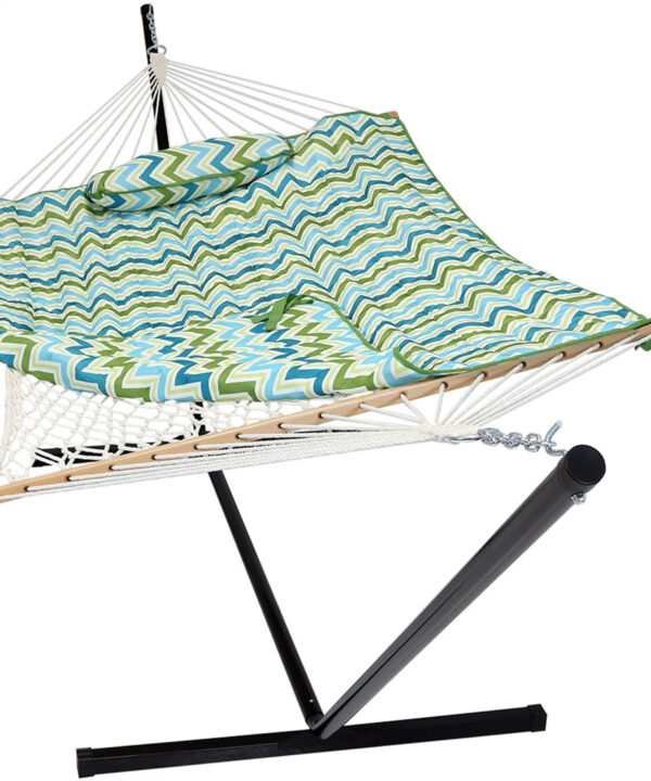 Sunnydaze Cotton Rope Hammock with 12 Foot Steel Stand, Pad and Pillow, 275 Pound Capacity, Blue & Green Chevron