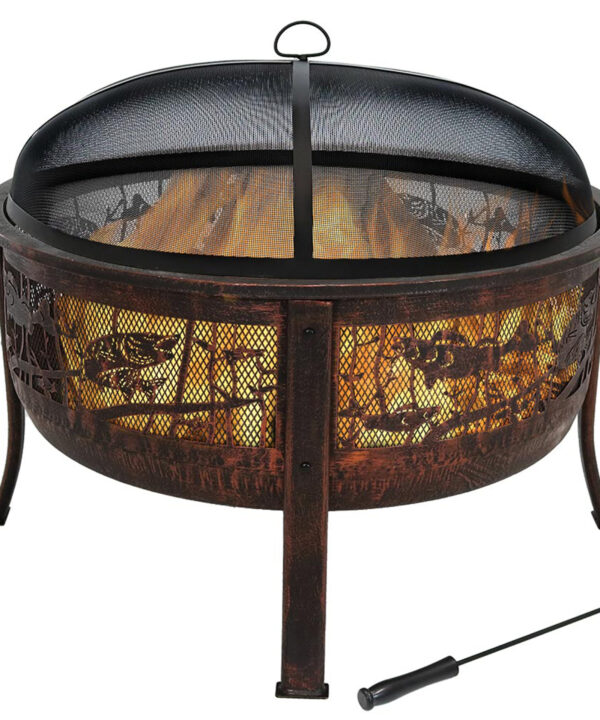 Sunnydaze Northwoods Fishing Fire Pit with Spark Screen - 30-Inch